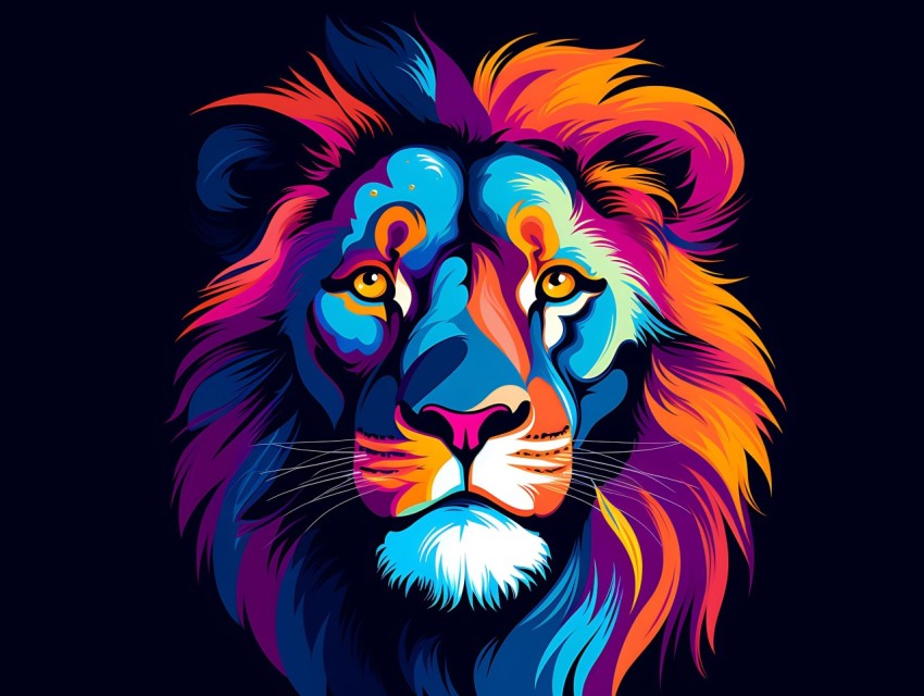 Colorful Lion Face Head Vivid Colors Pop Art Vector Illustrations Black Background (486)