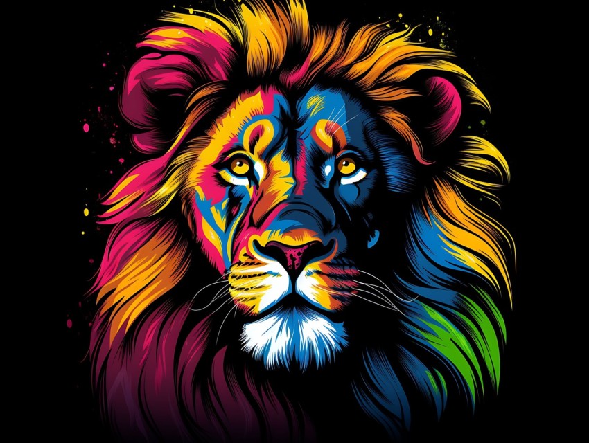 Colorful Lion Face Head Vivid Colors Pop Art Vector Illustrations Black Background (500)