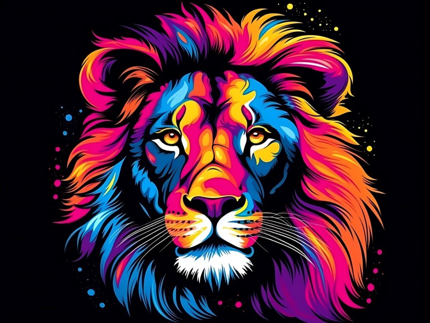 Colorful Lion Face Head Vivid Colors Pop Art Vector Illustrations Black Background (464)