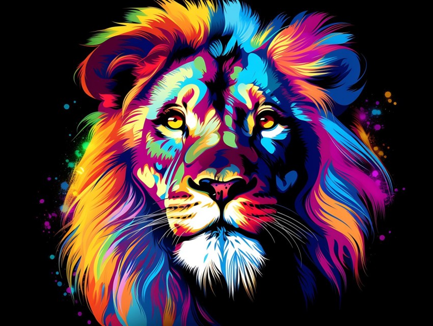 Colorful Lion Face Head Vivid Colors Pop Art Vector Illustrations Black Background (451)