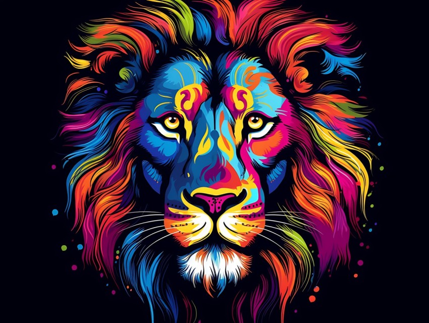 Colorful Lion Face Head Vivid Colors Pop Art Vector Illustrations Black Background (463)