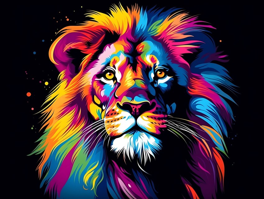 Colorful Lion Face Head Vivid Colors Pop Art Vector Illustrations Black Background (477)
