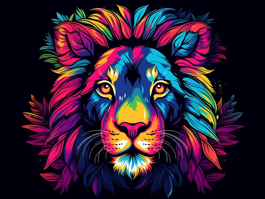 Colorful Lion Face Head Vivid Colors Pop Art Vector Illustrations Black Background (458)