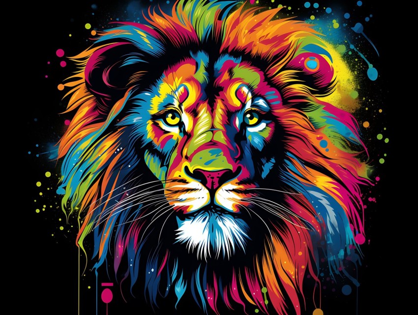 Colorful Lion Face Head Vivid Colors Pop Art Vector Illustrations Black Background (479)