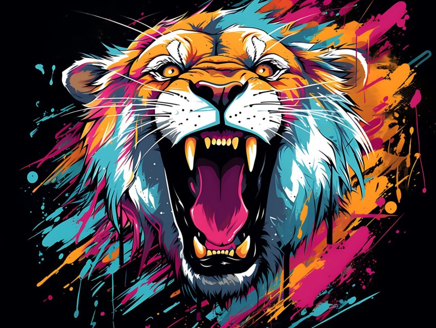 Colorful Lion Face Head Vivid Colors Pop Art Vector Illustrations Black Background (455)