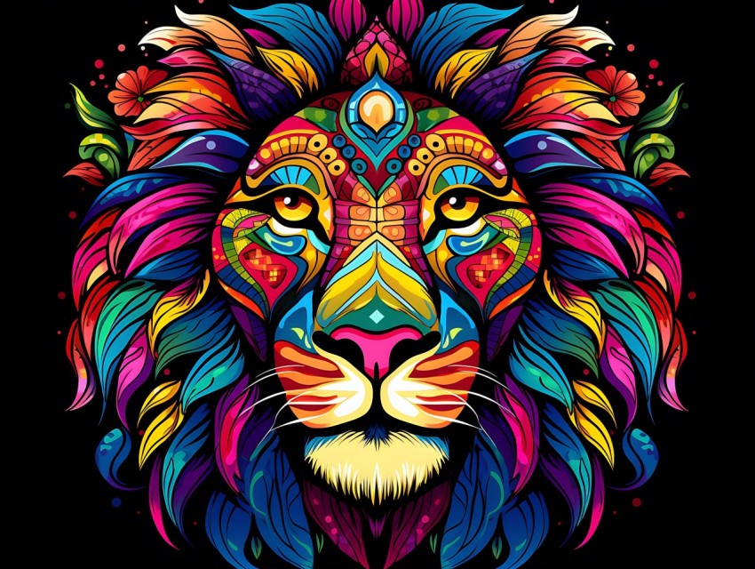 Colorful Lion Face Head Vivid Colors Pop Art Vector Illustrations Black Background (456)