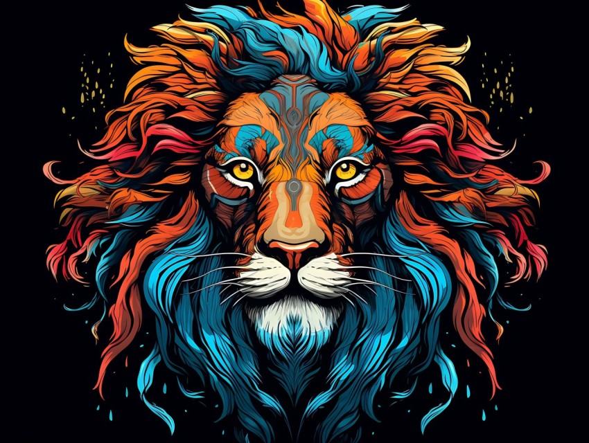 Colorful Lion Face Head Vivid Colors Pop Art Vector Illustrations Black Background (462)