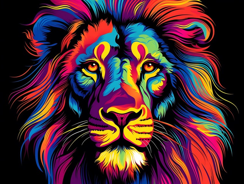 Colorful Lion Face Head Vivid Colors Pop Art Vector Illustrations Black Background (485)