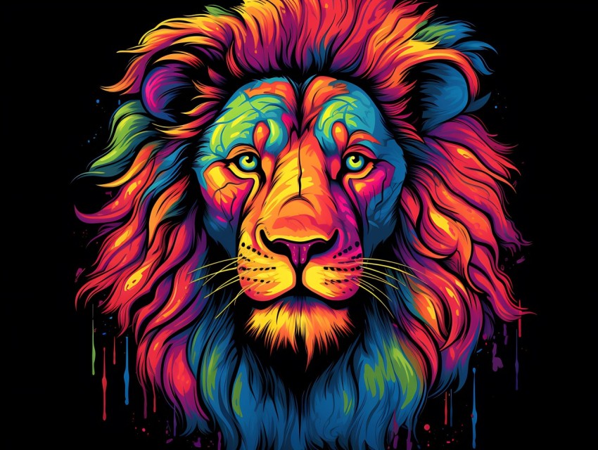 Colorful Lion Face Head Vivid Colors Pop Art Vector Illustrations Black Background (483)