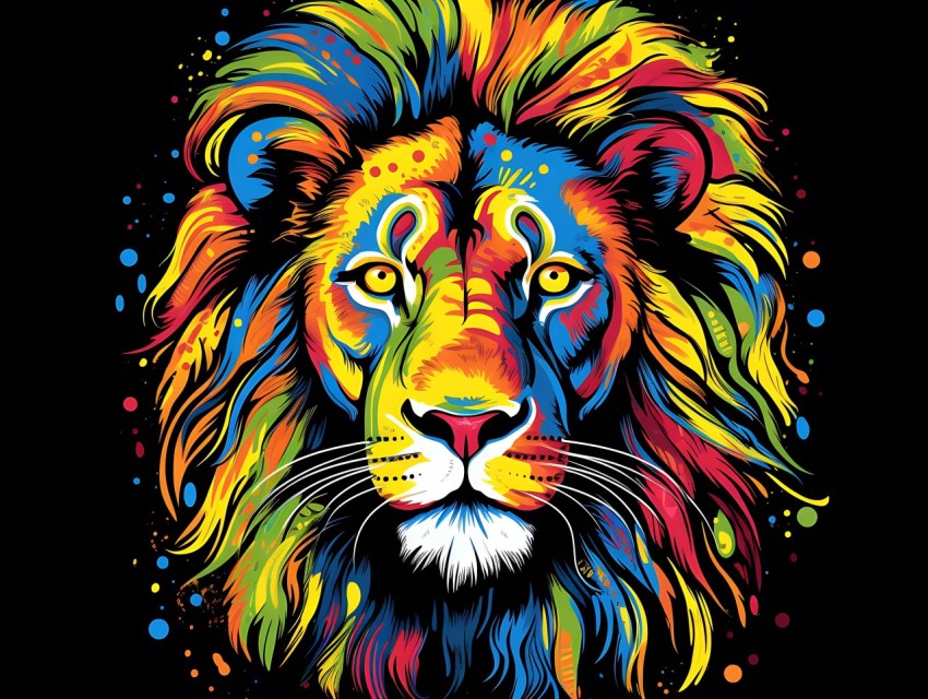 Colorful Lion Face Head Vivid Colors Pop Art Vector Illustrations Black Background (453)