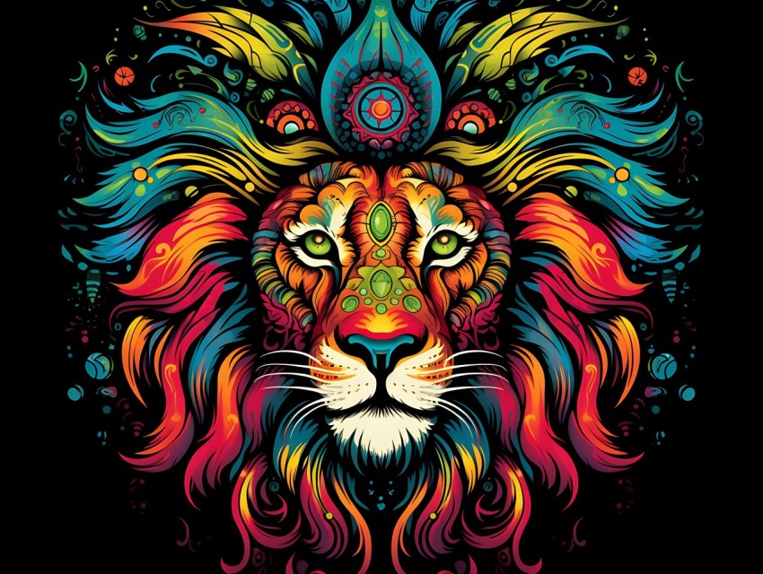 Colorful Lion Face Head Vivid Colors Pop Art Vector Illustrations Black Background (454)