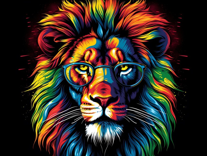 Colorful Lion Face Head Vivid Colors Pop Art Vector Illustrations Black Background (471)