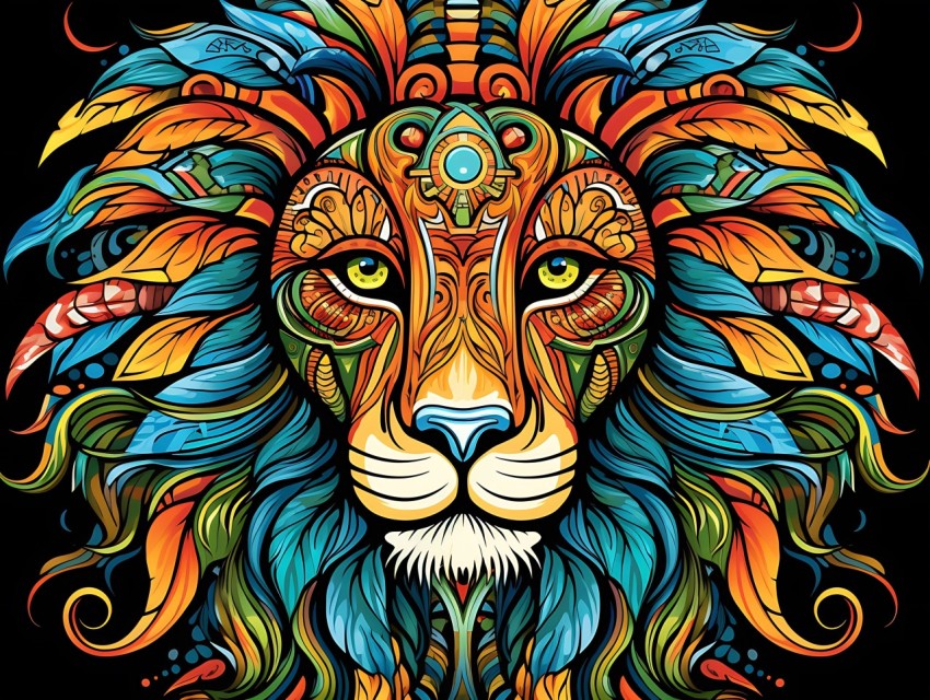 Colorful Lion Face Head Vivid Colors Pop Art Vector Illustrations Black Background (480)