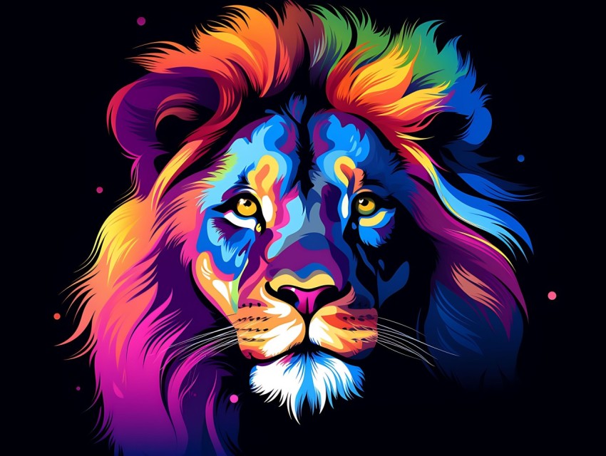Colorful Lion Face Head Vivid Colors Pop Art Vector Illustrations Black Background (501)