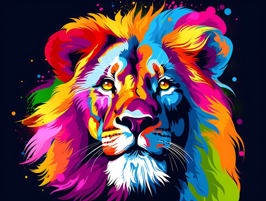 Colorful Lion Face Head Vivid Colors Pop Art Vector Illustrations Black Background (511)