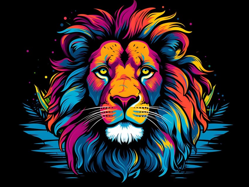 Colorful Lion Face Head Vivid Colors Pop Art Vector Illustrations Black Background (503)