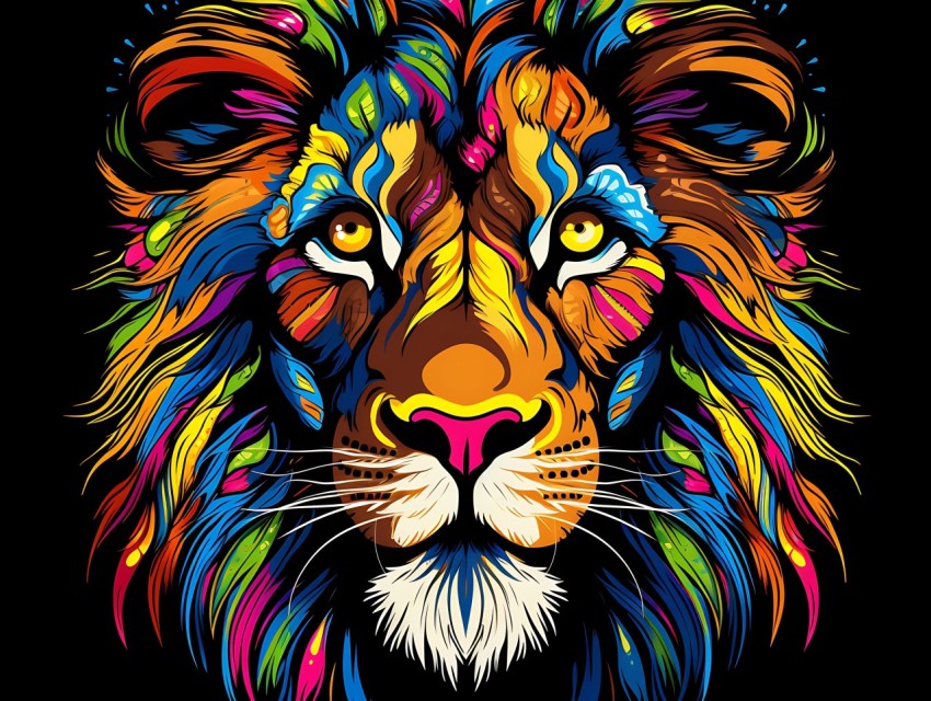 Colorful Lion Face Head Vivid Colors Pop Art Vector Illustrations Black Background (508)