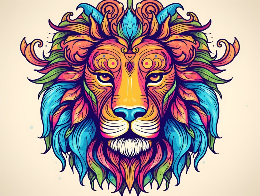 Colorful Lion Face Head Vivid Colors Pop Art Vector Illustrations White Background (21)