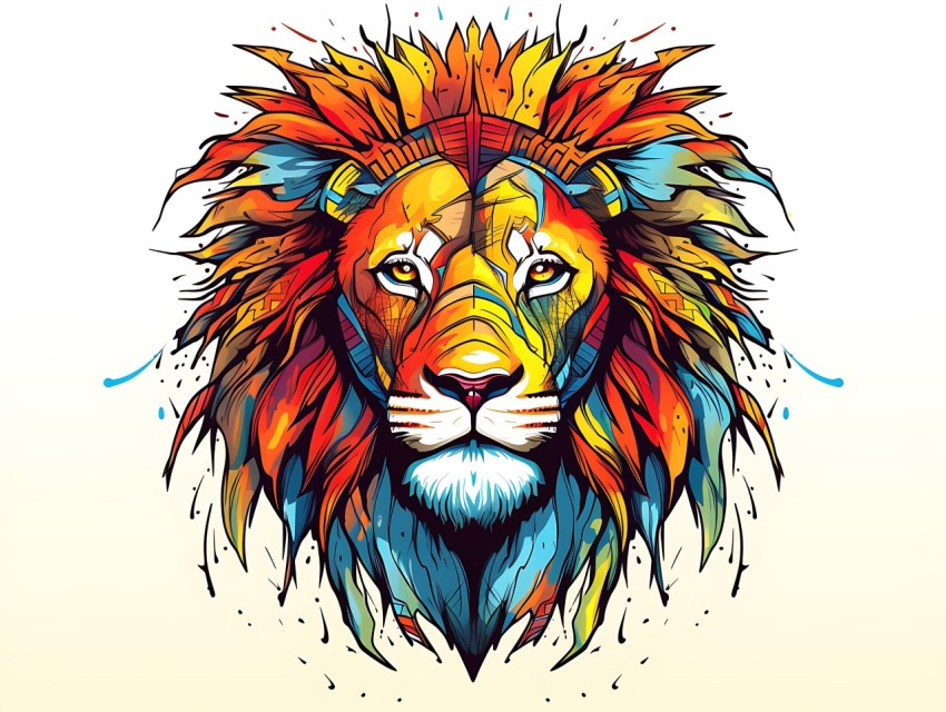 Colorful Lion Face Head Vivid Colors Pop Art Vector Illustrations White Background (6)
