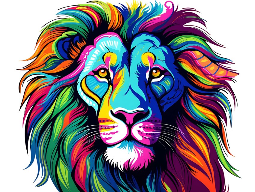 Colorful Lion Face Head Vivid Colors Pop Art Vector Illustrations White Background (26)