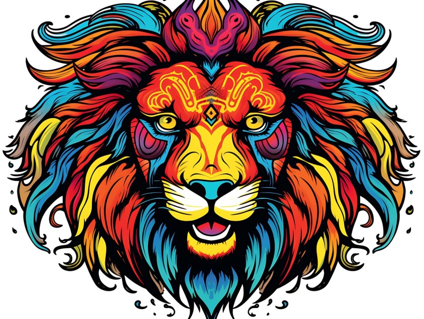 Colorful Lion Face Head Vivid Colors Pop Art Vector Illustrations White Background (7)