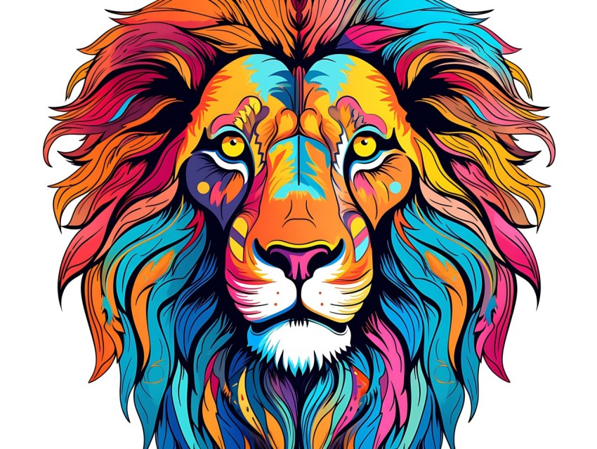 Colorful Lion Face Head Vivid Colors Pop Art Vector Illustrations White Background (25)