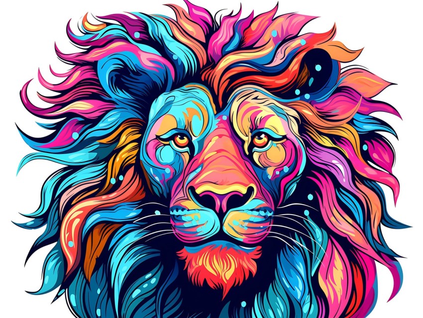 Colorful Lion Face Head Vivid Colors Pop Art Vector Illustrations White Background (2)
