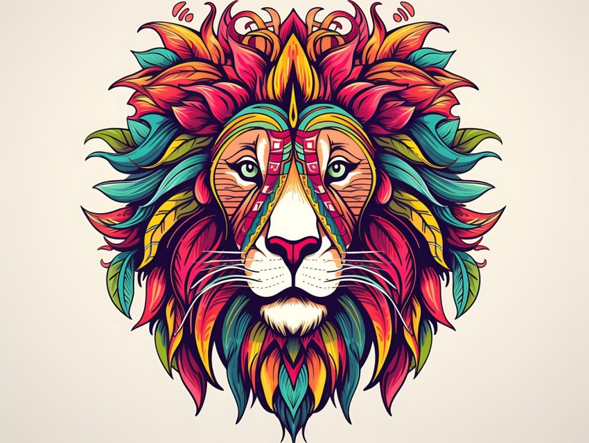 Colorful Lion Face Head Vivid Colors Pop Art Vector Illustrations White Background (43)