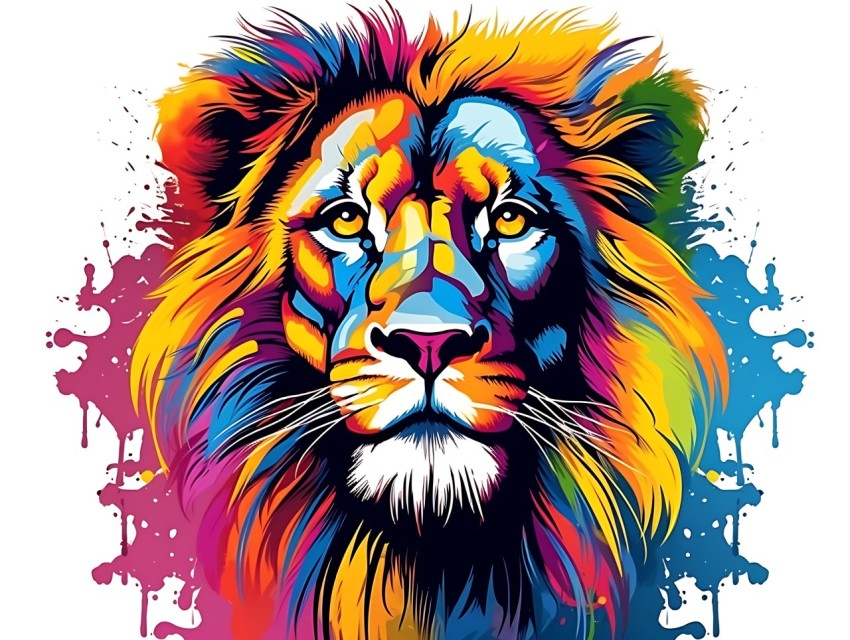 Colorful Lion Face Head Vivid Colors Pop Art Vector Illustrations White Background (75)