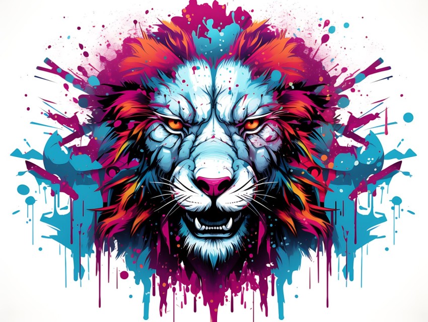 Colorful Lion Face Head Vivid Colors Pop Art Vector Illustrations White Background (77)