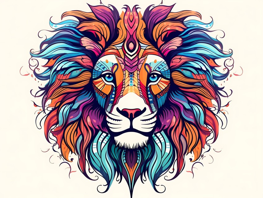 Colorful Lion Face Head Vivid Colors Pop Art Vector Illustrations White Background (93)
