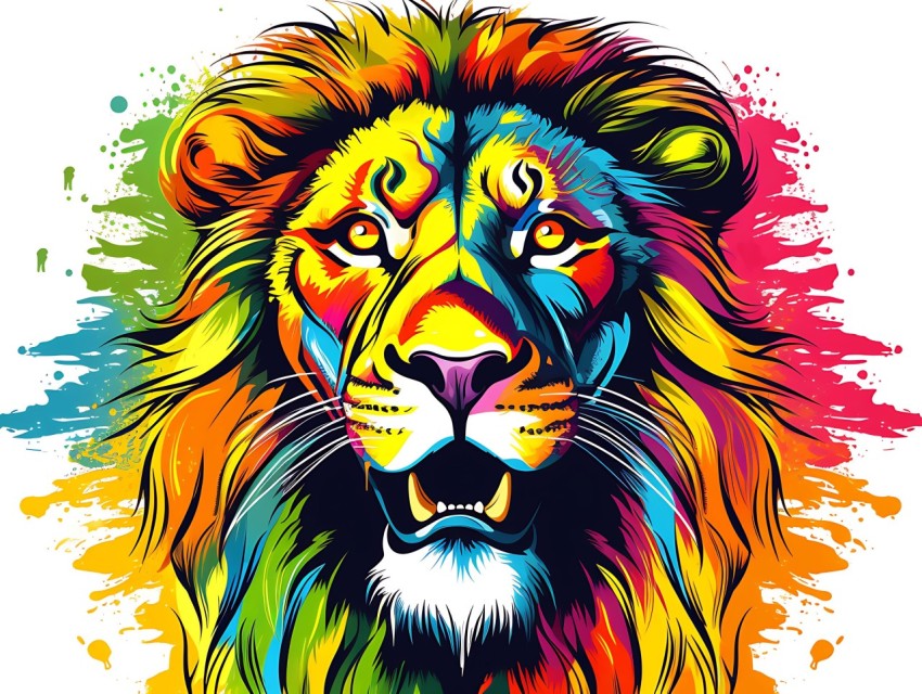 Colorful Lion Face Head Vivid Colors Pop Art Vector Illustrations White Background (58)