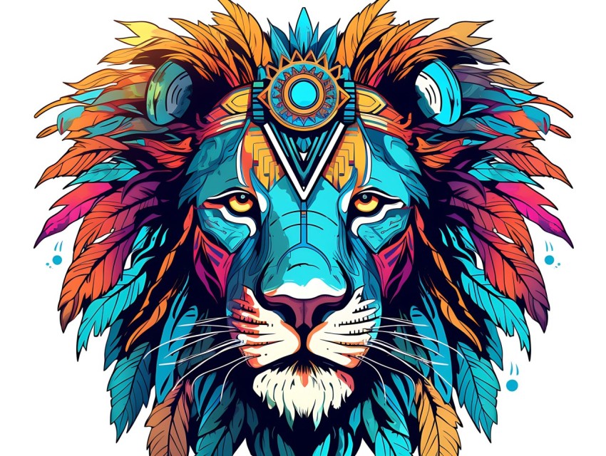 Colorful Lion Face Head Vivid Colors Pop Art Vector Illustrations White Background (65)