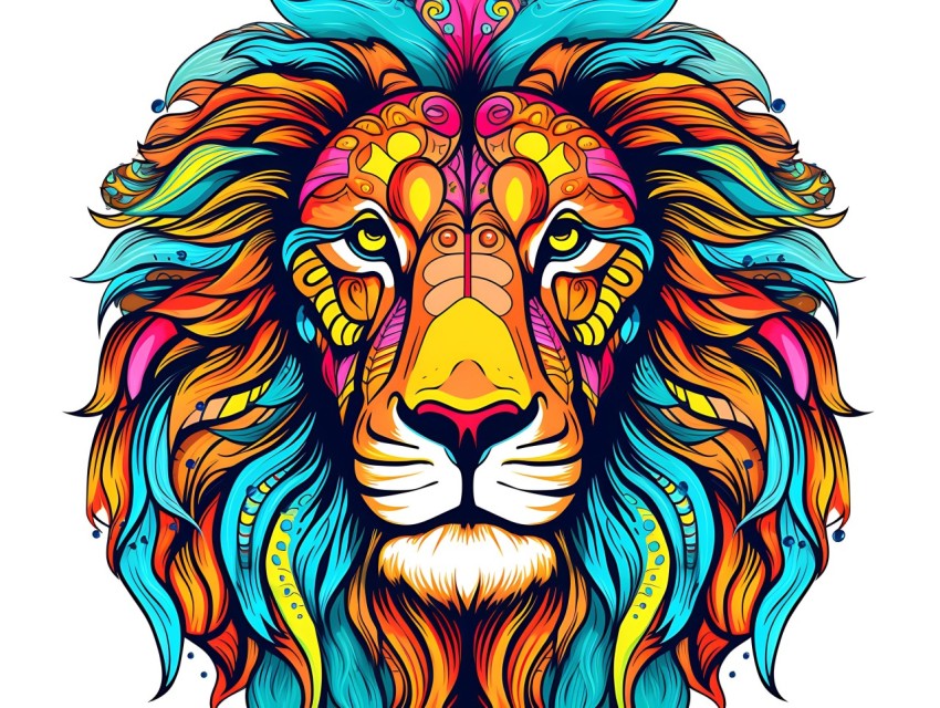 Colorful Lion Face Head Vivid Colors Pop Art Vector Illustrations White Background (79)