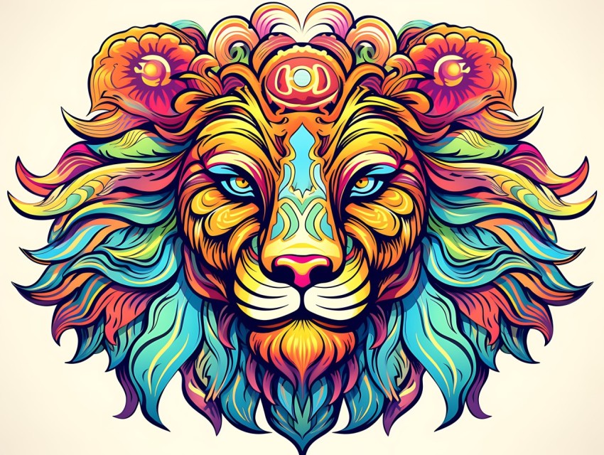 Colorful Lion Face Head Vivid Colors Pop Art Vector Illustrations White Background (85)