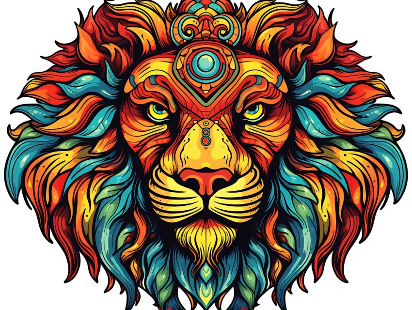 Colorful Lion Face Head Vivid Colors Pop Art Vector Illustrations White Background (99)