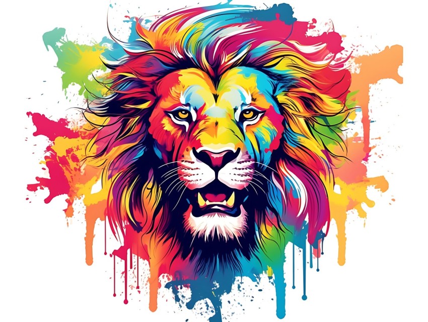 Colorful Lion Face Head Vivid Colors Pop Art Vector Illustrations White Background (129)