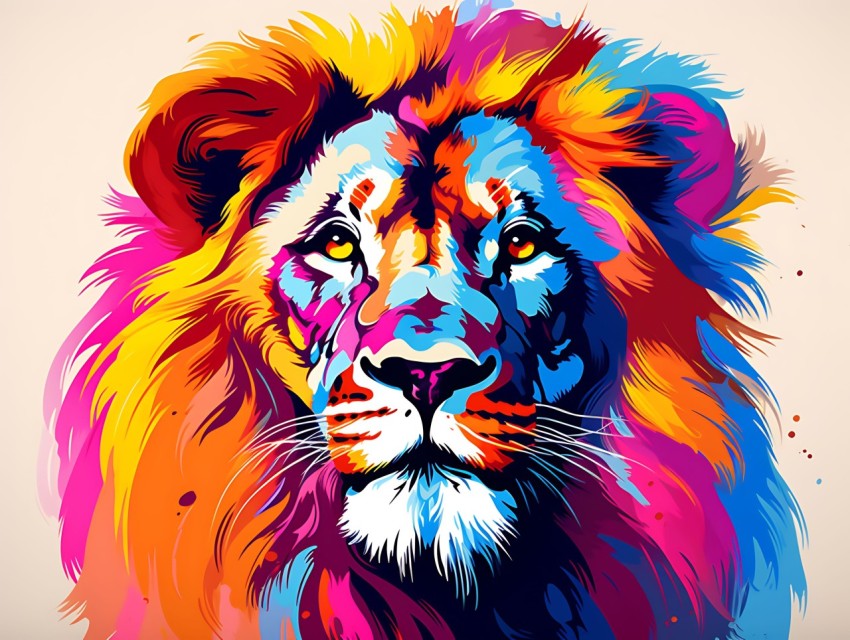 Colorful Lion Face Head Vivid Colors Pop Art Vector Illustrations White Background (143)