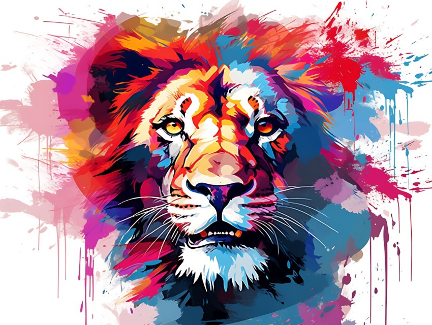 Colorful Lion Face Head Vivid Colors Pop Art Vector Illustrations White Background (145)