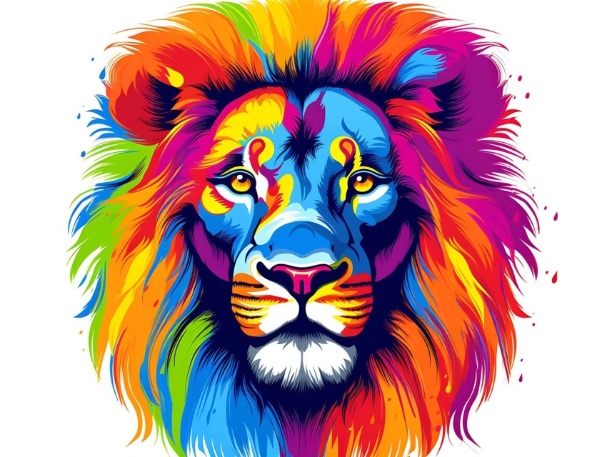 Colorful Lion Face Head Vivid Colors Pop Art Vector Illustrations White Background (119)