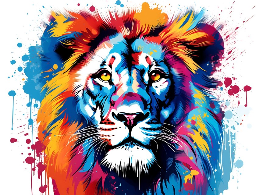 Colorful Lion Face Head Vivid Colors Pop Art Vector Illustrations White Background (134)