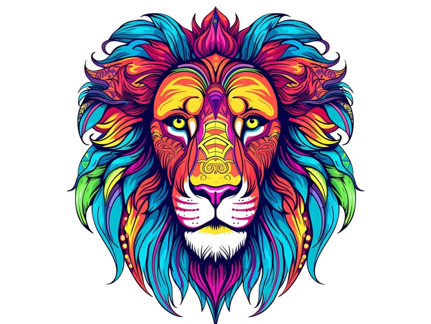 Colorful Lion Face Head Vivid Colors Pop Art Vector Illustrations White Background (136)