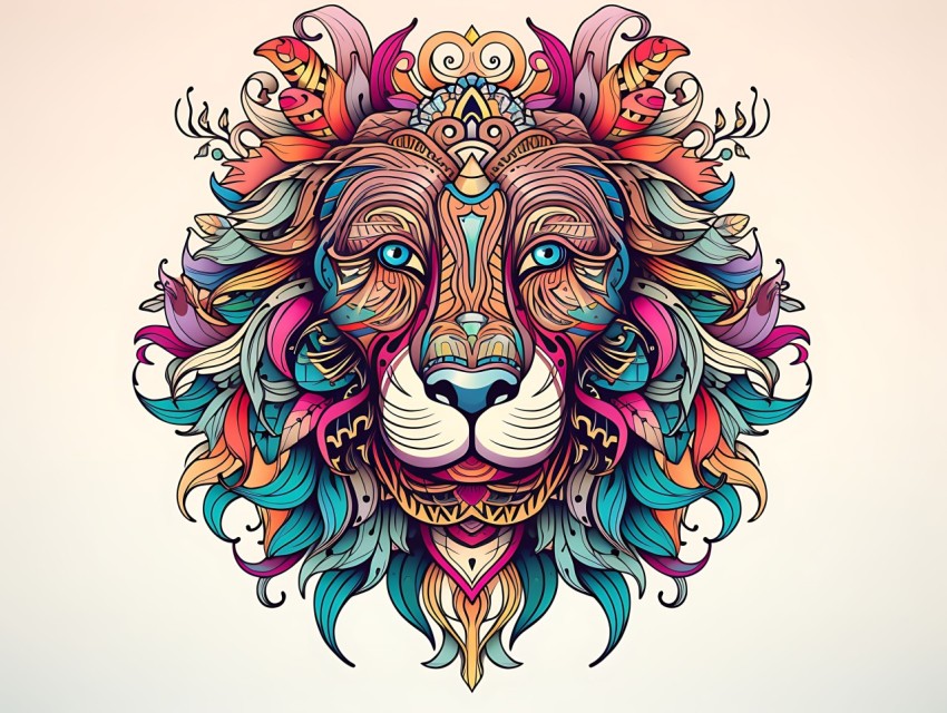 Colorful Lion Face Head Vivid Colors Pop Art Vector Illustrations White Background (131)