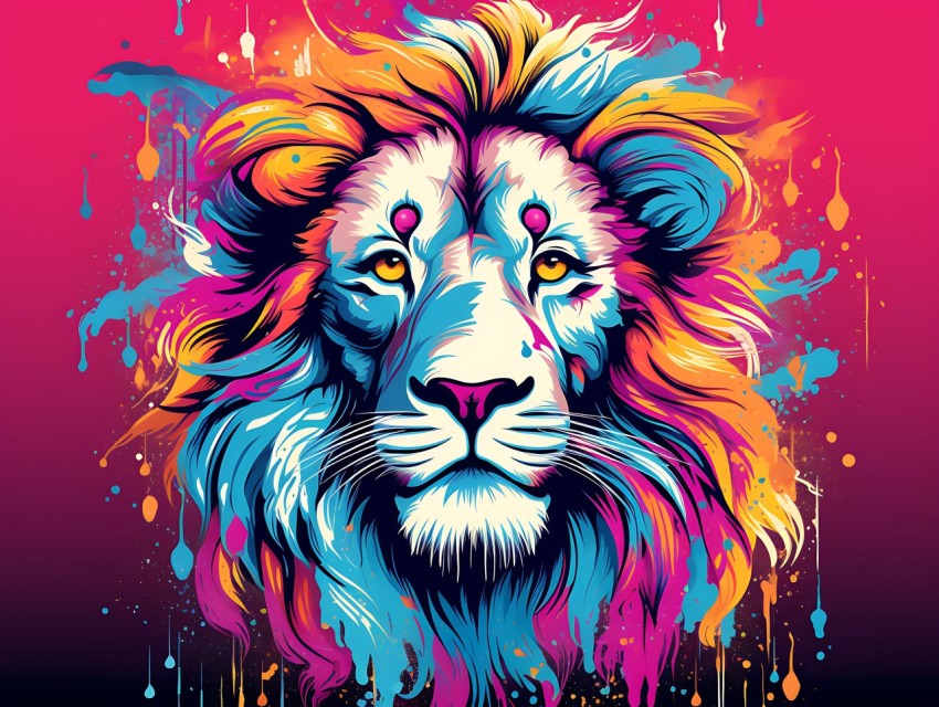 Colorful Lion Face Head Vivid Colors Pop Art Vector Illustrations White Background (104)