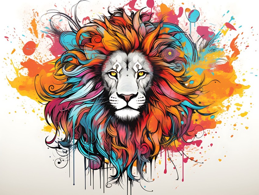 Colorful Lion Face Head Vivid Colors Pop Art Vector Illustrations White Background (149)