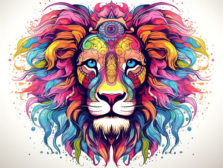 Colorful Lion Face Head Vivid Colors Pop Art Vector Illustrations White Background (123)