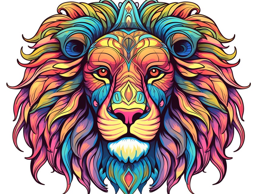 Colorful Lion Face Head Vivid Colors Pop Art Vector Illustrations White Background (126)