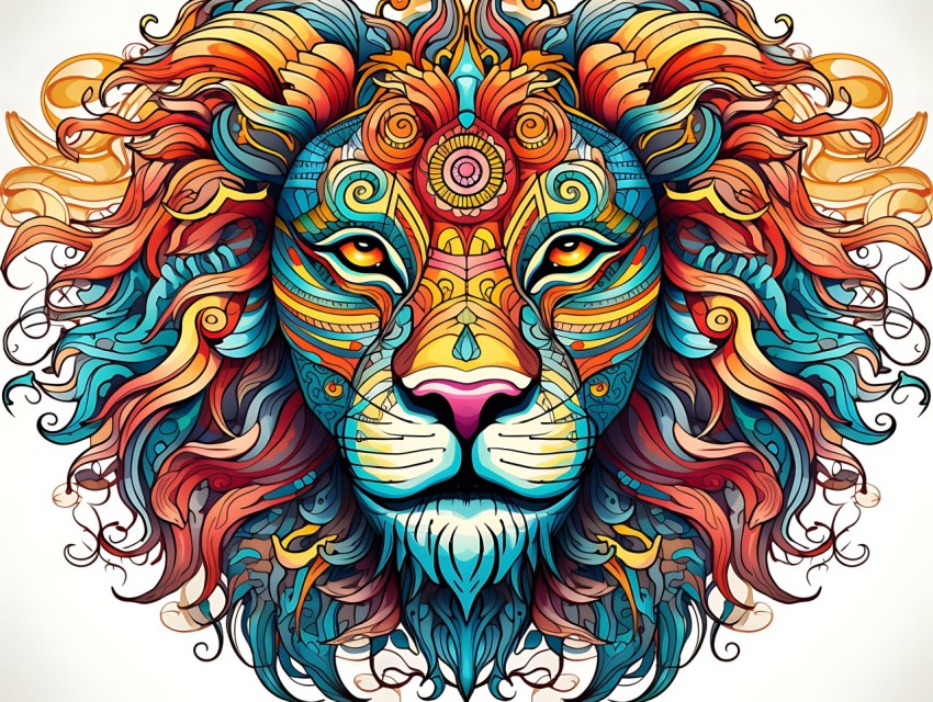 Colorful Lion Face Head Vivid Colors Pop Art Vector Illustrations White Background (116)