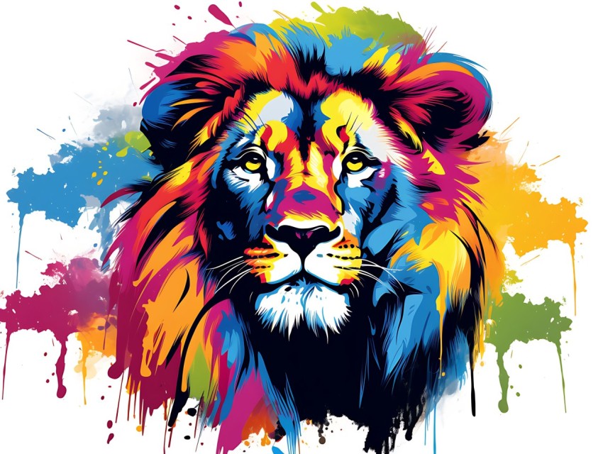 Colorful Lion Face Head Vivid Colors Pop Art Vector Illustrations White Background (163)