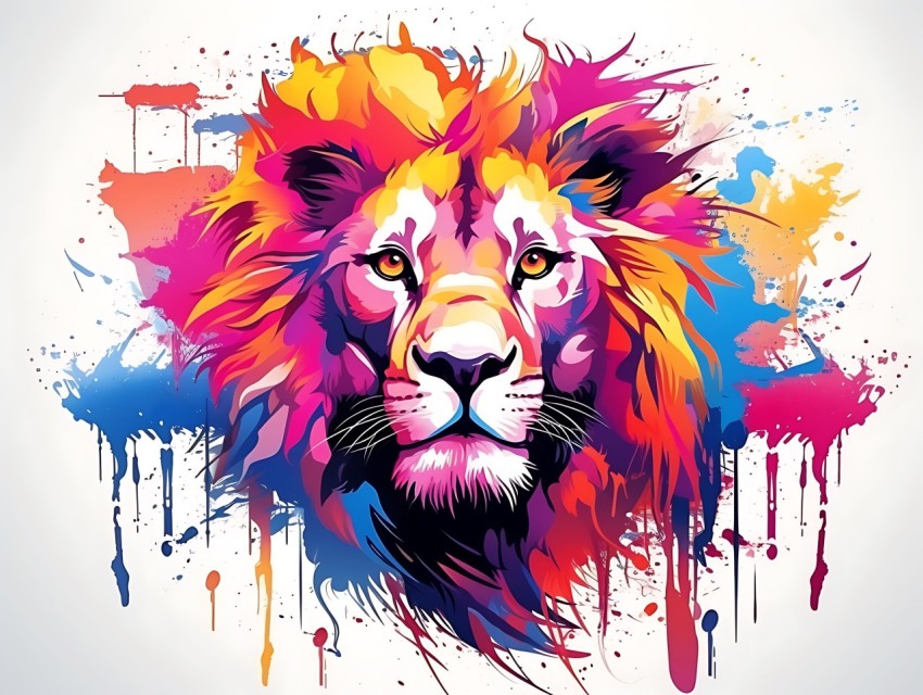 Colorful Lion Face Head Vivid Colors Pop Art Vector Illustrations White Background (191)